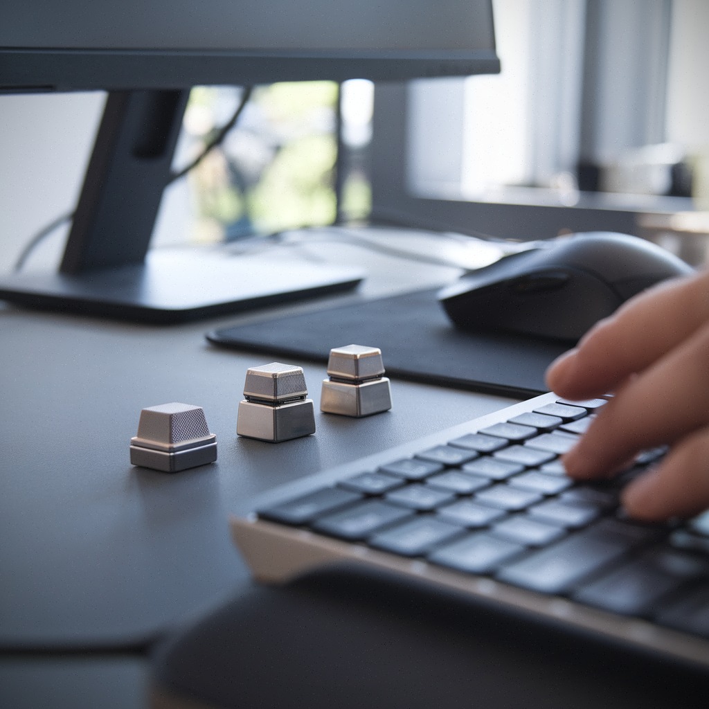 Trois switches mécaniques posés près d’un clavier compact sur un bureau