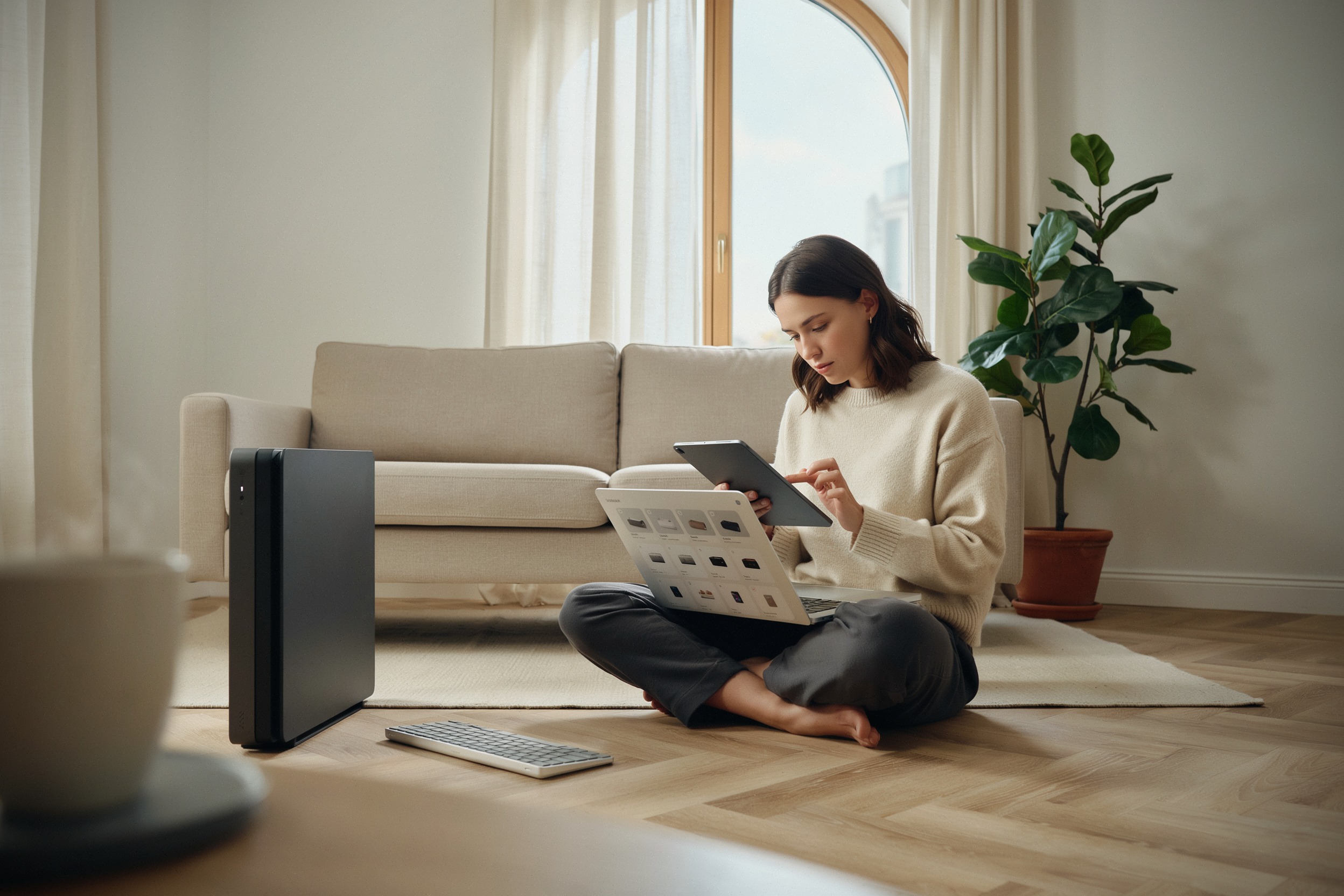 Acheteur comparant des offres logicielles sur tablette et ordinateur