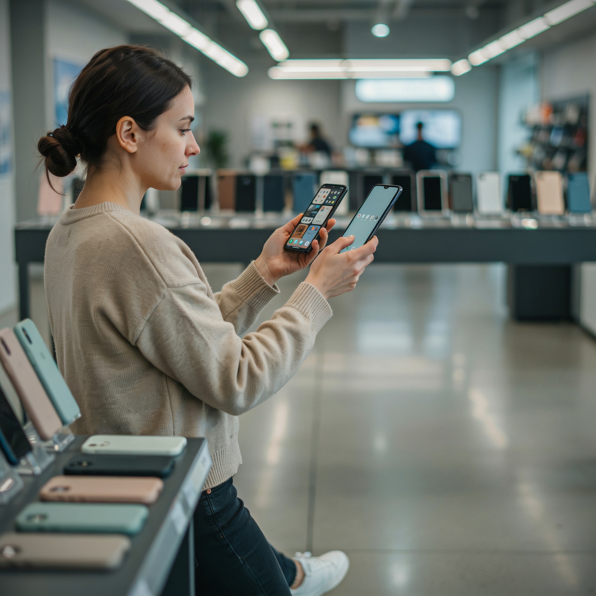 Un client compare des smartphones Android en magasin