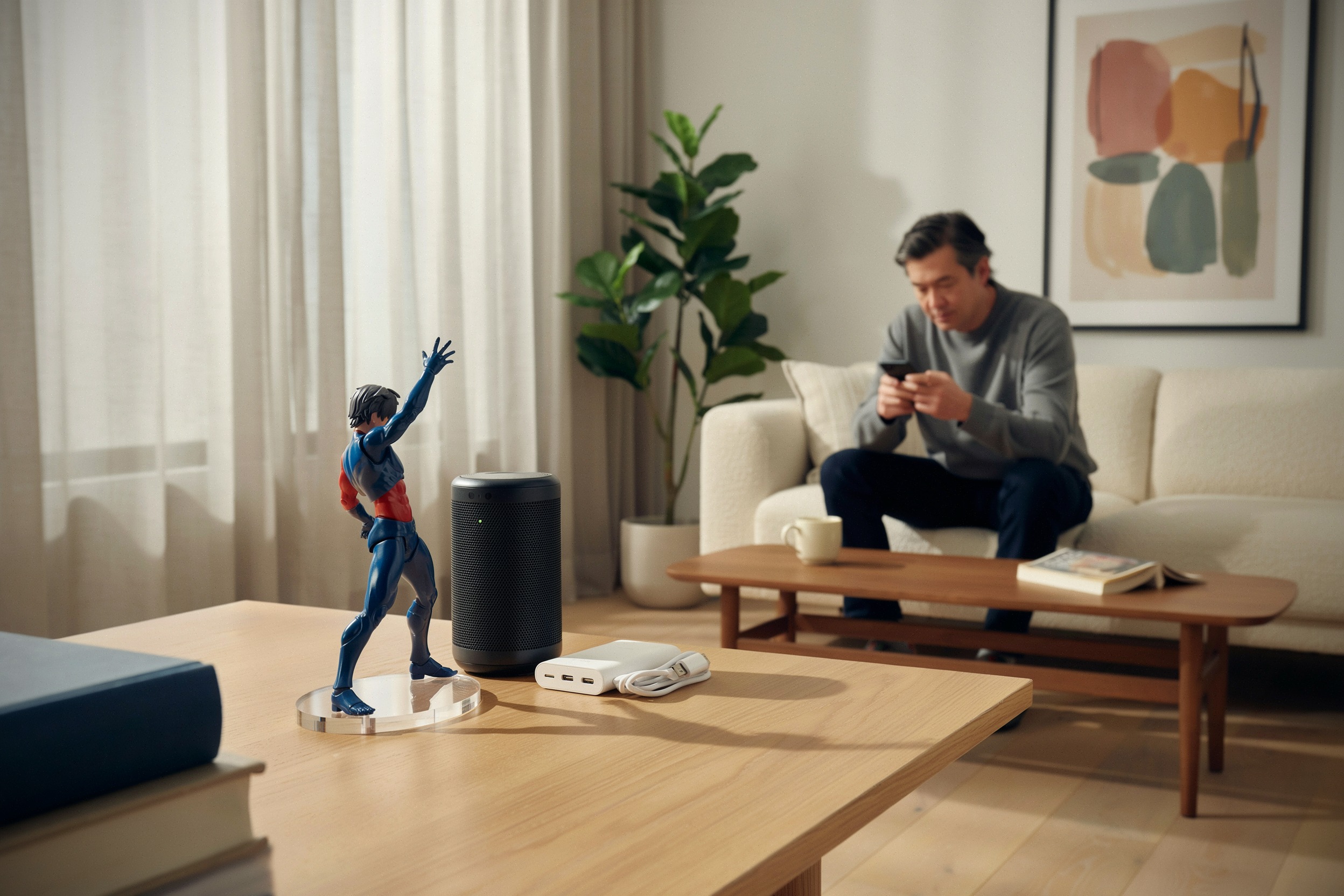 Figurine collector et accessoires geek sur un bureau moderne