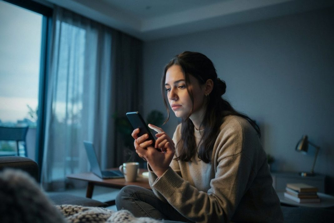 Personne hésitante devant un gestionnaire de mots de passe sur smartphone
