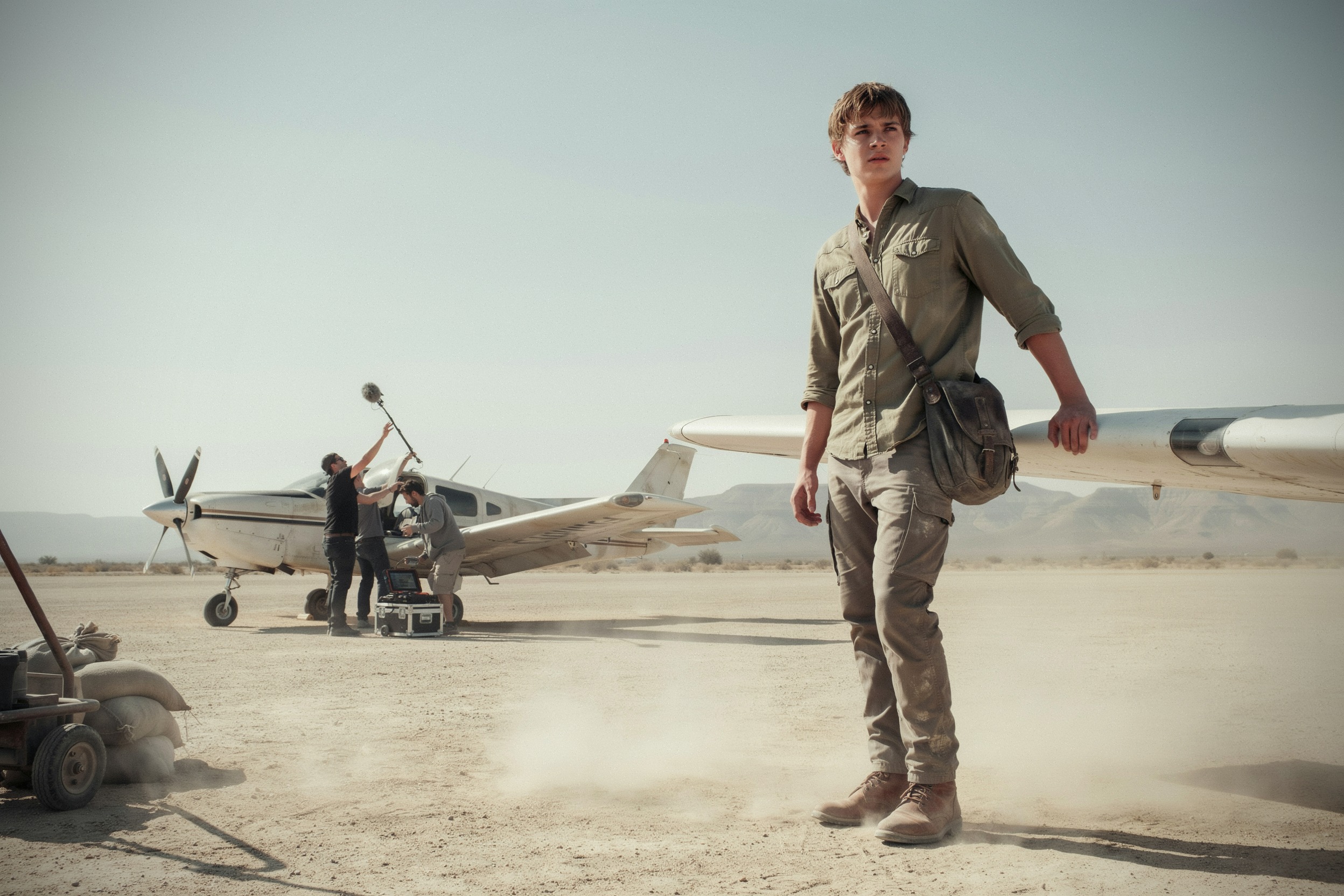 Jacob Elordi en survivant près d’un avion dans un décor désertique
