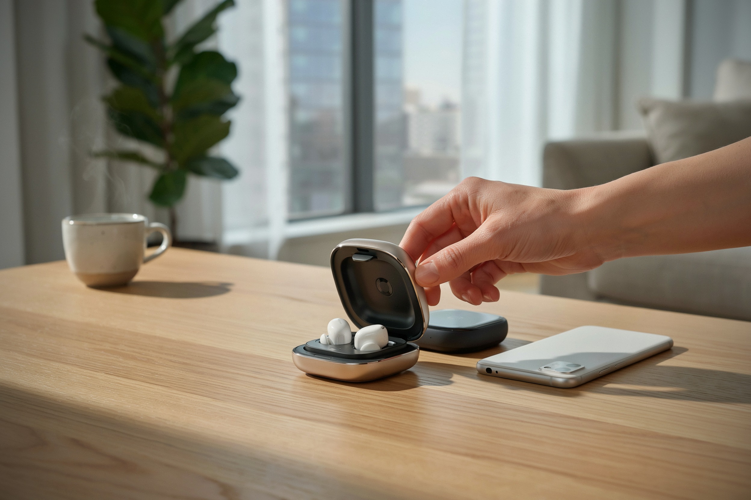 Montre Huawei ouverte avec écouteurs intégrés sur table moderne