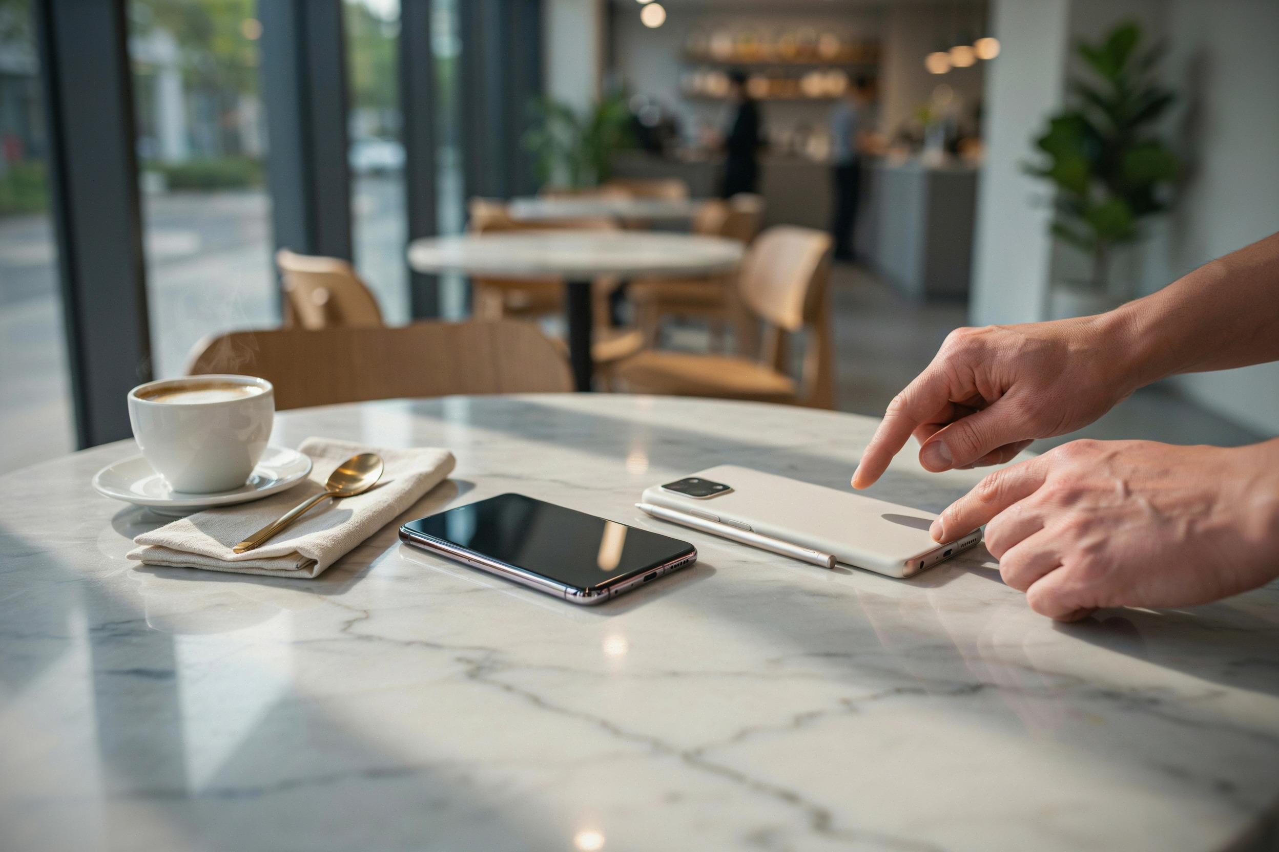 Comparatif de deux smartphones premium sur une table moderne