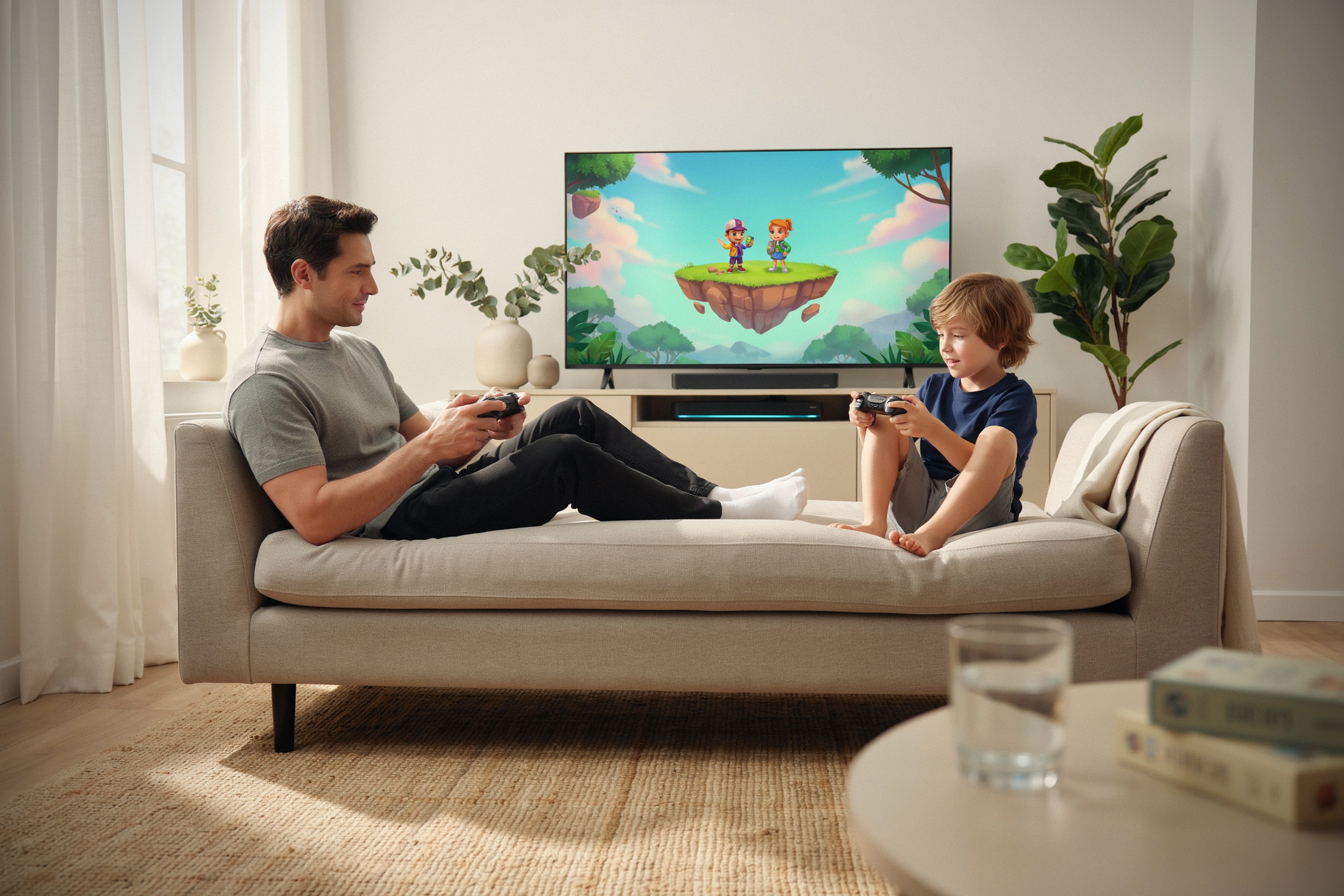 Parent et enfant jouant ensemble à un jeu coopératif