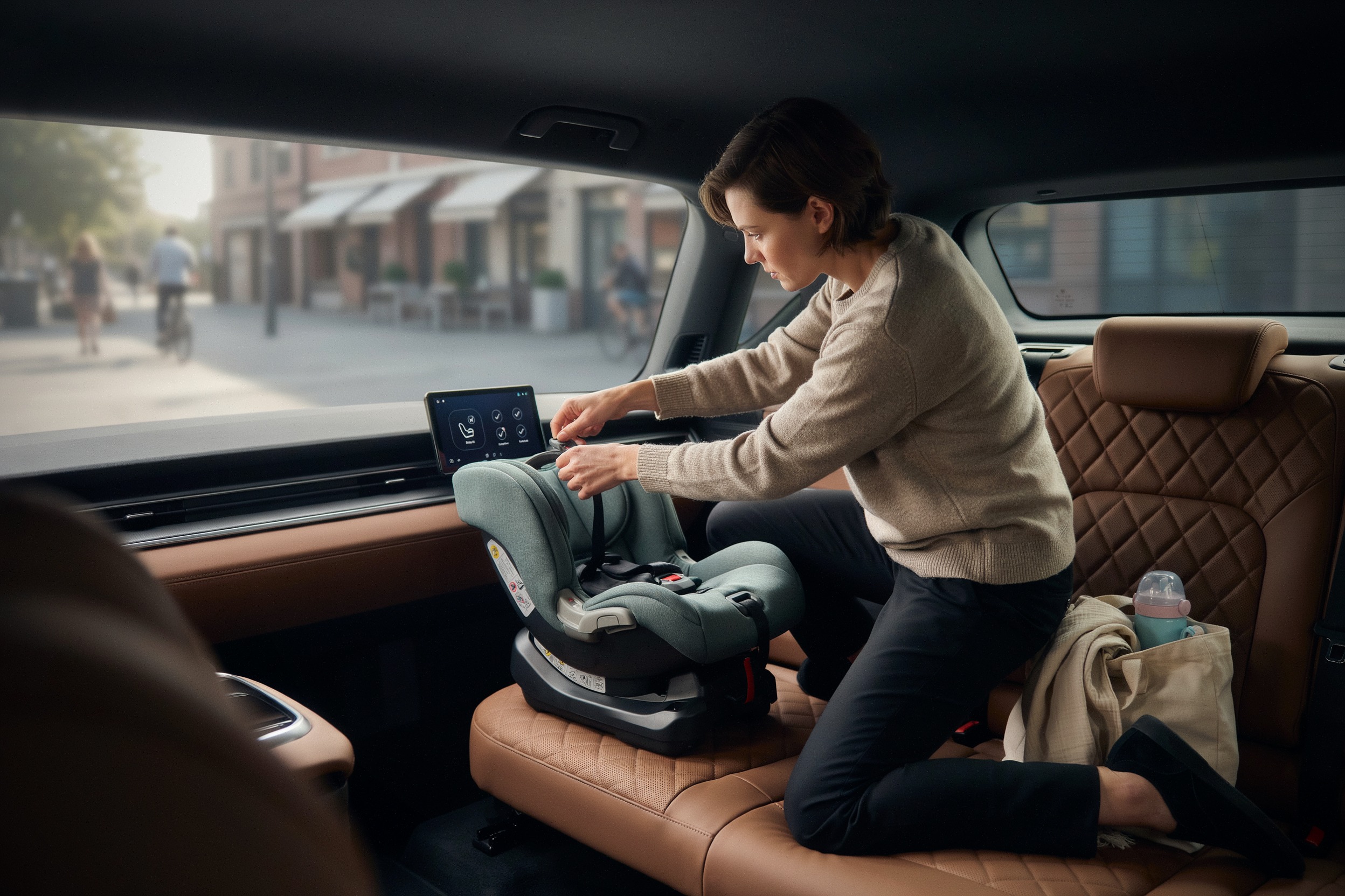 Parent installant un siège auto connecté dans un SUV moderne