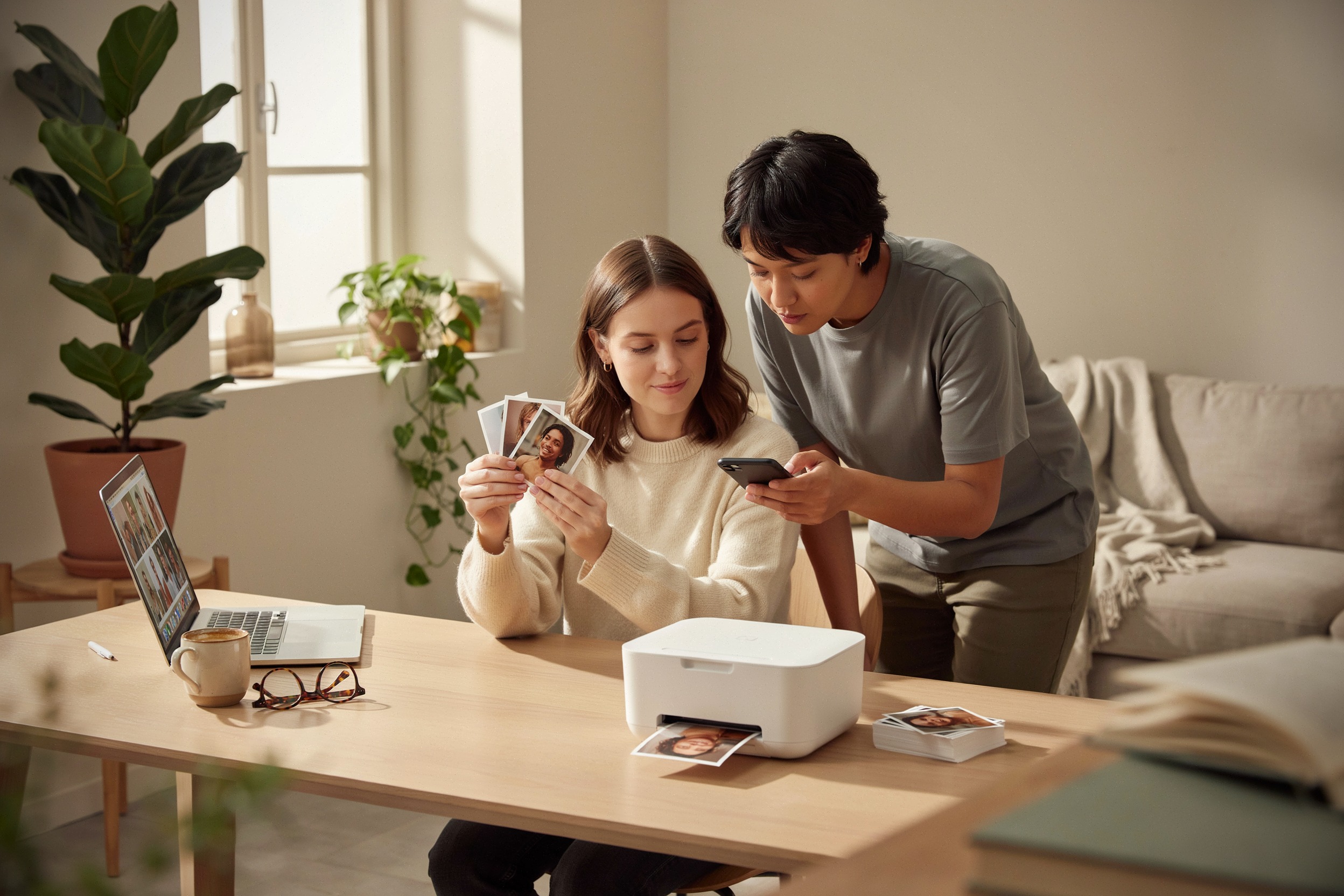 Imprimante photo compacte avec tirages dans un intérieur moderne