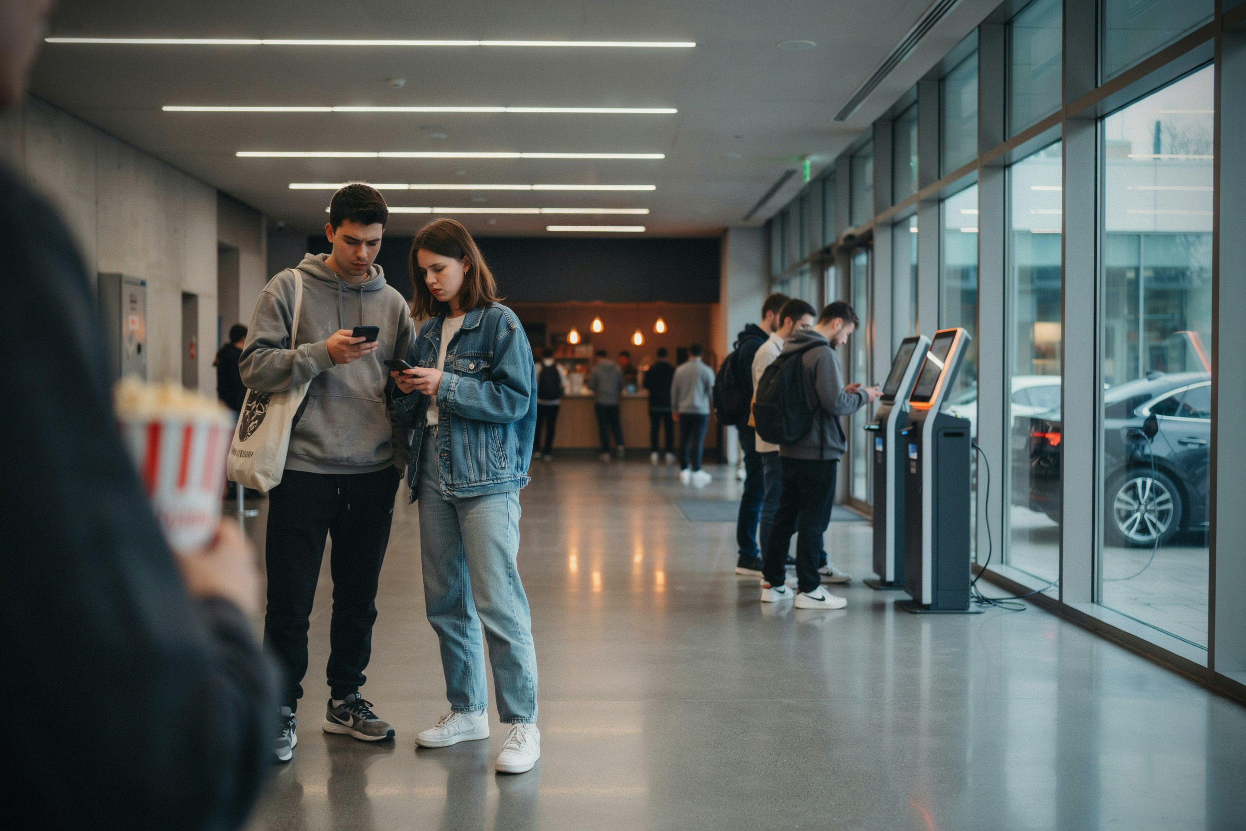 Des spectateurs consultent leurs billets dans un cinéma moderne