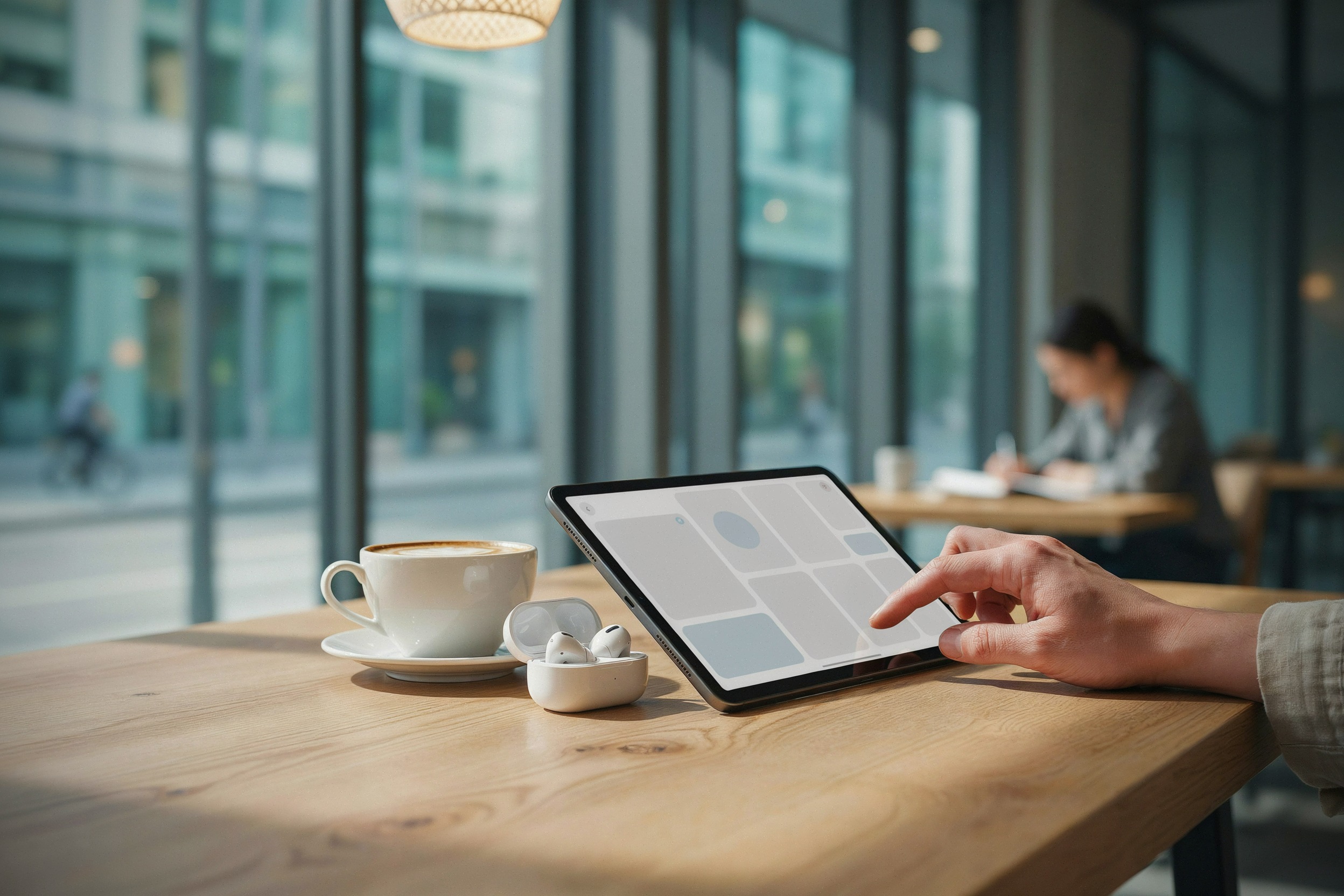 Tablette Oppo à écran OLED mat dans un café moderne