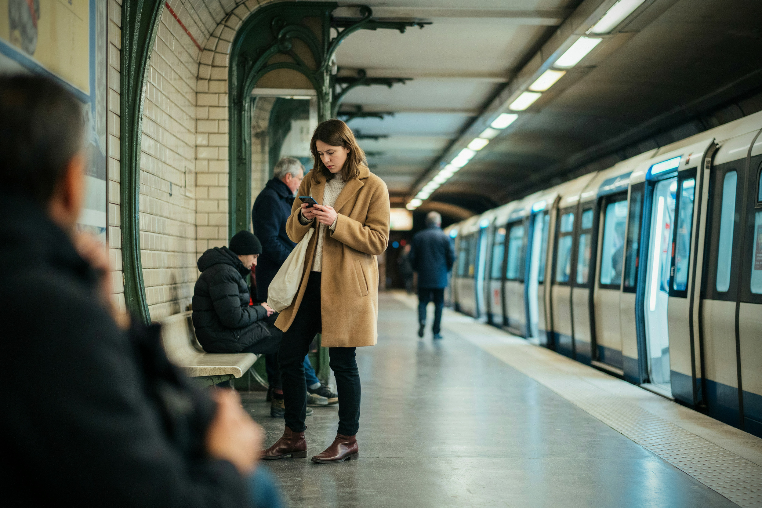 Utilisateur de smartphone dans le métro après une panne réseau